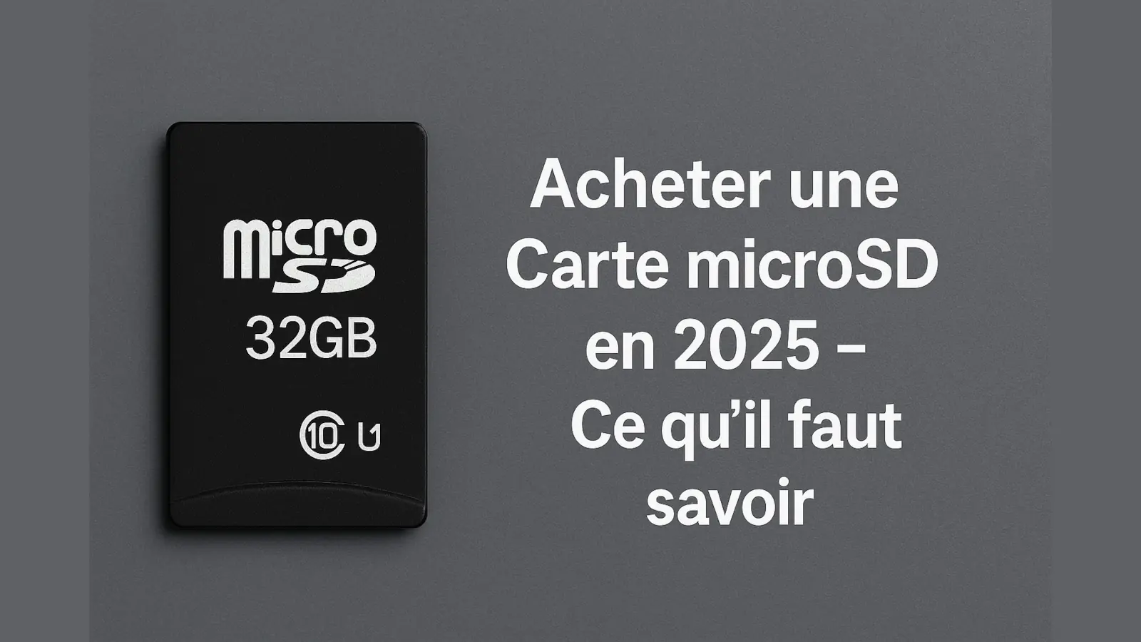 Carte microSD sur fond gris avec texte en français "Acheter une Carte microSD en 2025 – Ce qu’il faut savoir