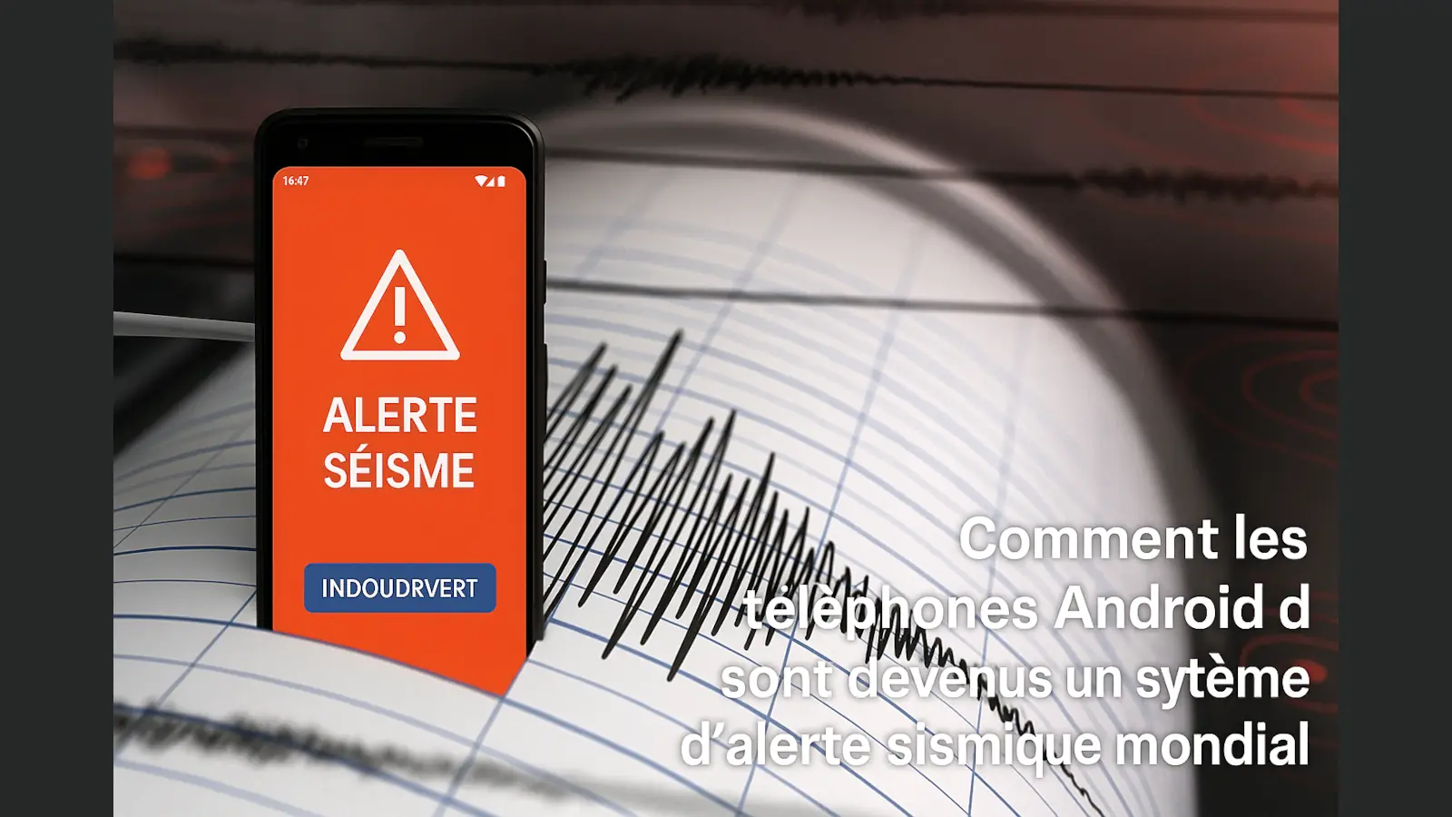 Smartphone Android affichant une alerte sismique avec un sismographe en arrière-plan