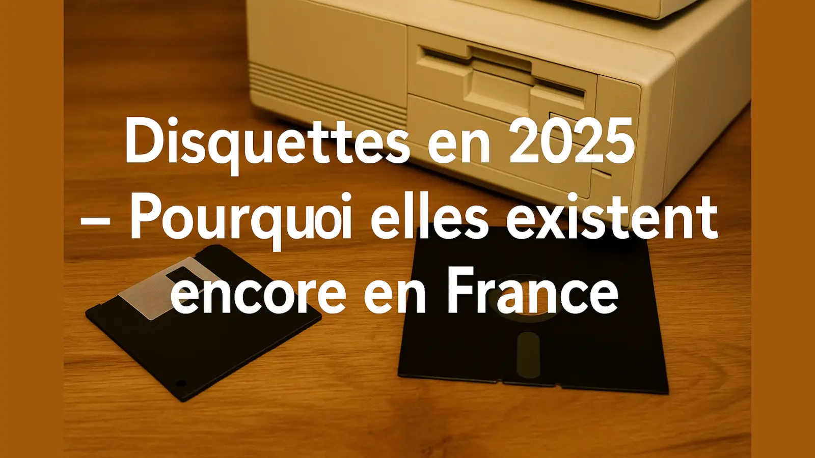 Deux disquettes rétro (3,5" et 5,25") posées sur un bureau en bois avec un ancien PC à l'arrière-plan – texte “Disquettes 2025 – Retro-Technik vive encore”
