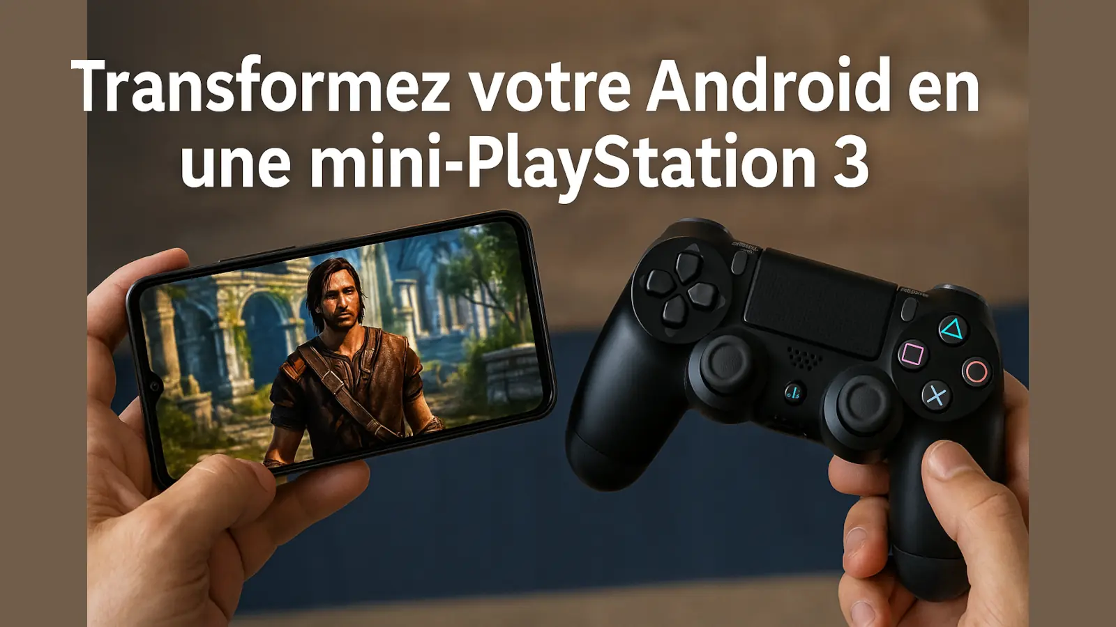 Téléphone Android exécutant un jeu PS3 via un émulateur avec manette DualShock – rétro gaming mobile 2025.
