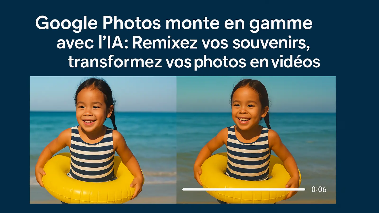 Comparaison entre une photo normale et une version animée par IA dans Google Photos, montrant la fonction Remix et Photo-vers-Vidéo
