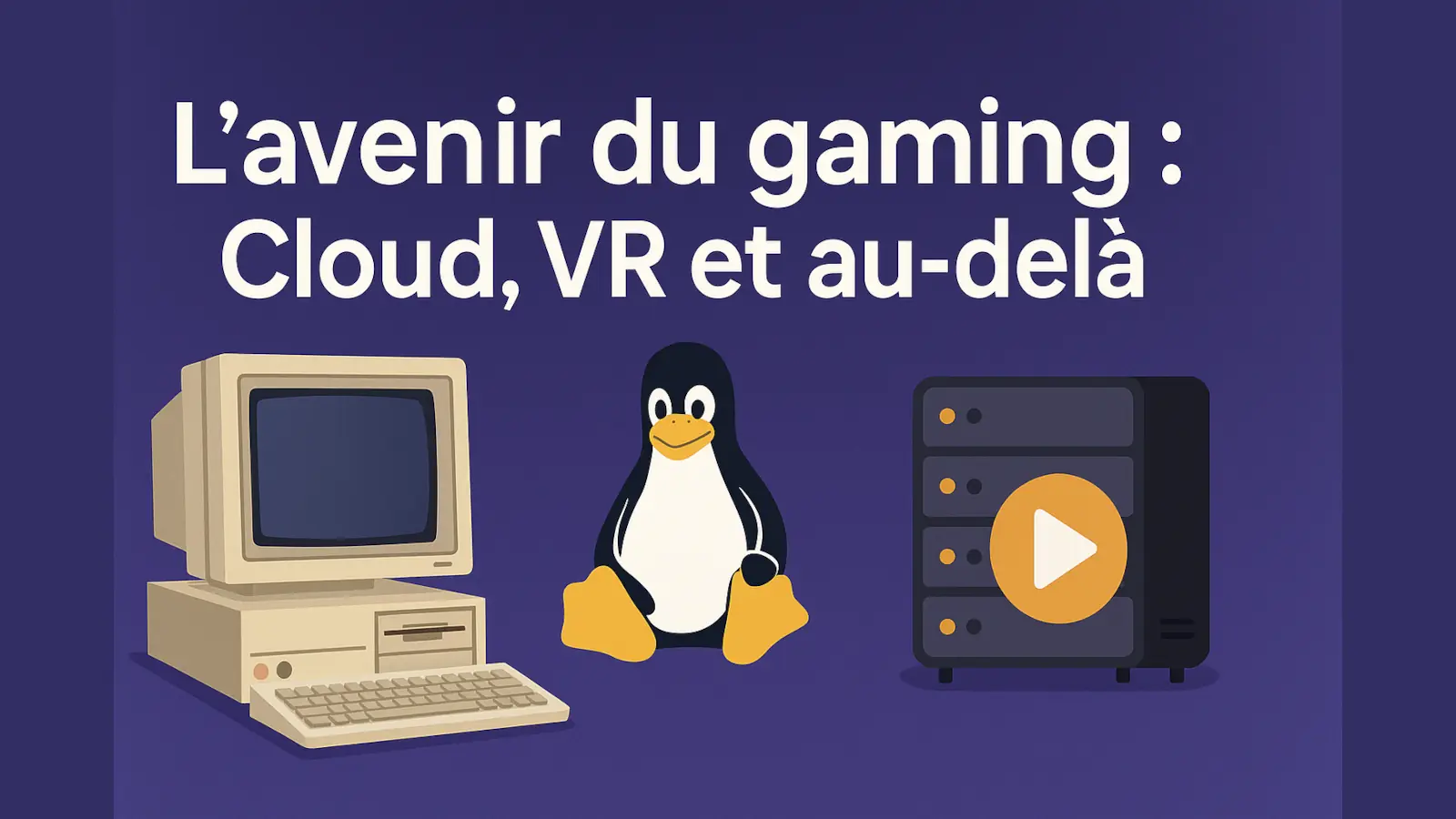 Illustration numérique représentant l'avenir du gaming avec un ordinateur rétro, la mascotte Linux et un serveur multimédia