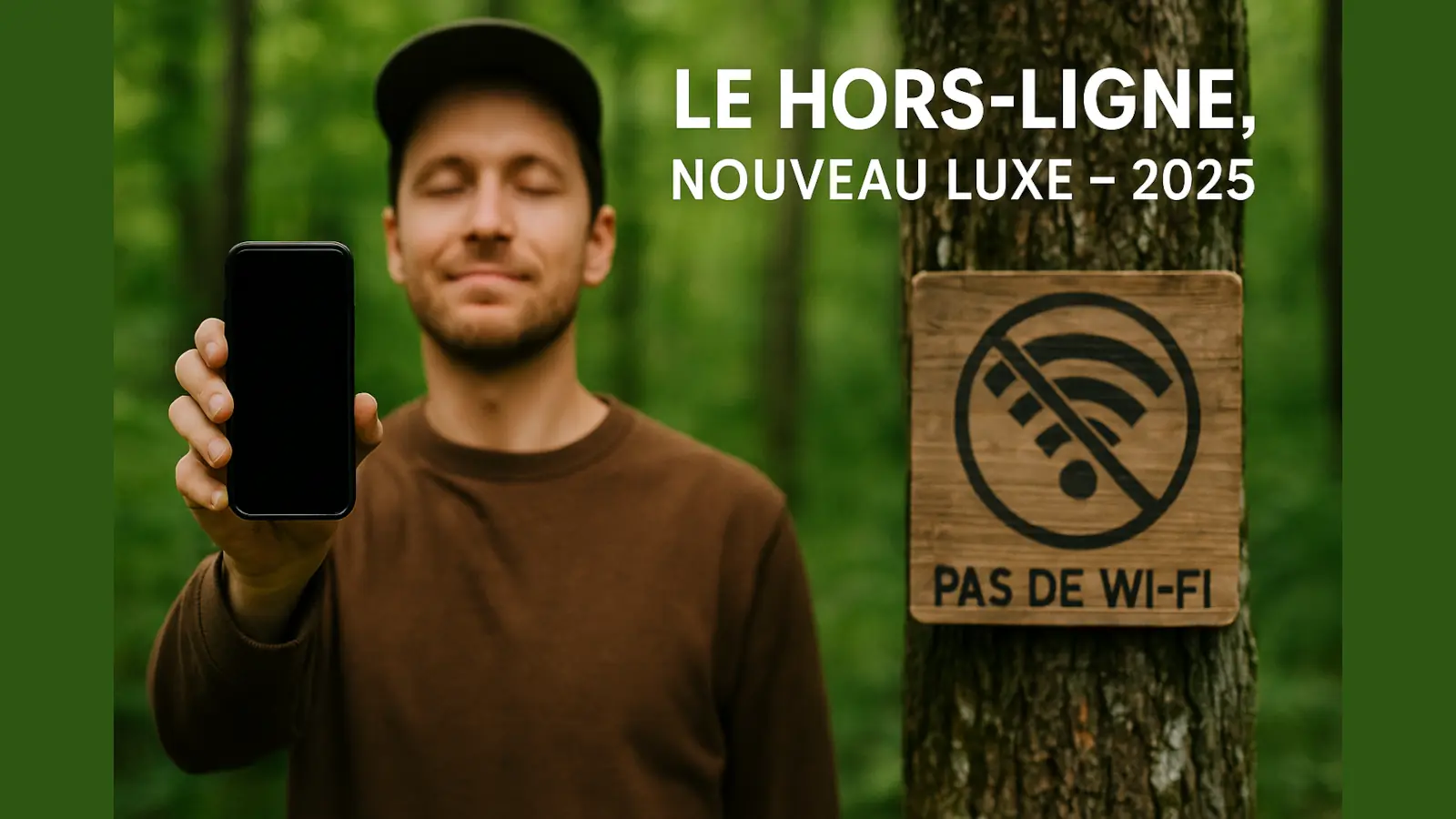 Homme détendu tenant un smartphone éteint devant un panneau "Pas de Wi-Fi" dans une forêt, représentant la déconnexion numérique en 2025