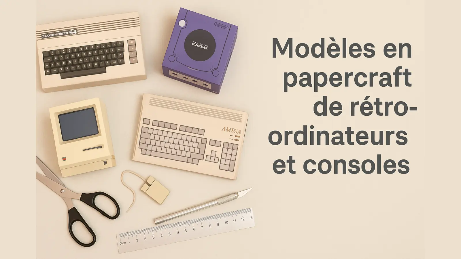 Modèles en papercraft de vieux ordinateurs posés sur une table avec des ciseaux, une règle et un scalpel