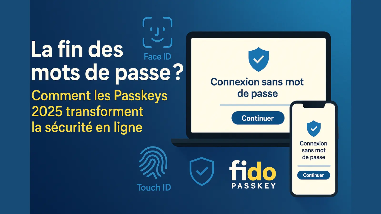 Illustration d'une connexion sans mot de passe avec Passkeys, Face ID, Touch ID et sécurité numérique en France en 2025