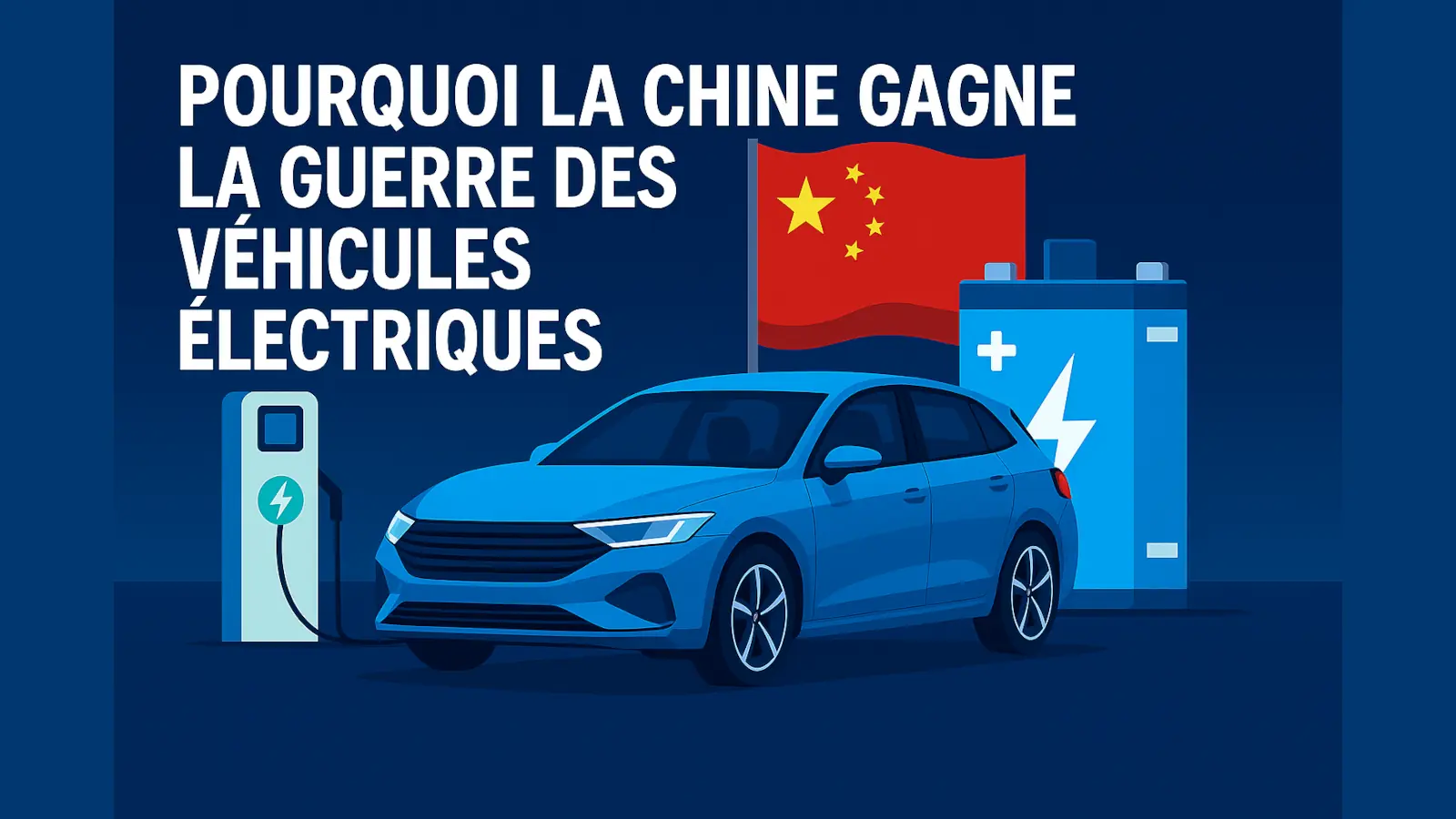 Illustration d'une voiture électrique devant un drapeau chinois avec une batterie et une borne de recharge – Pourquoi la Chine gagne la guerre des véhicules électriques.