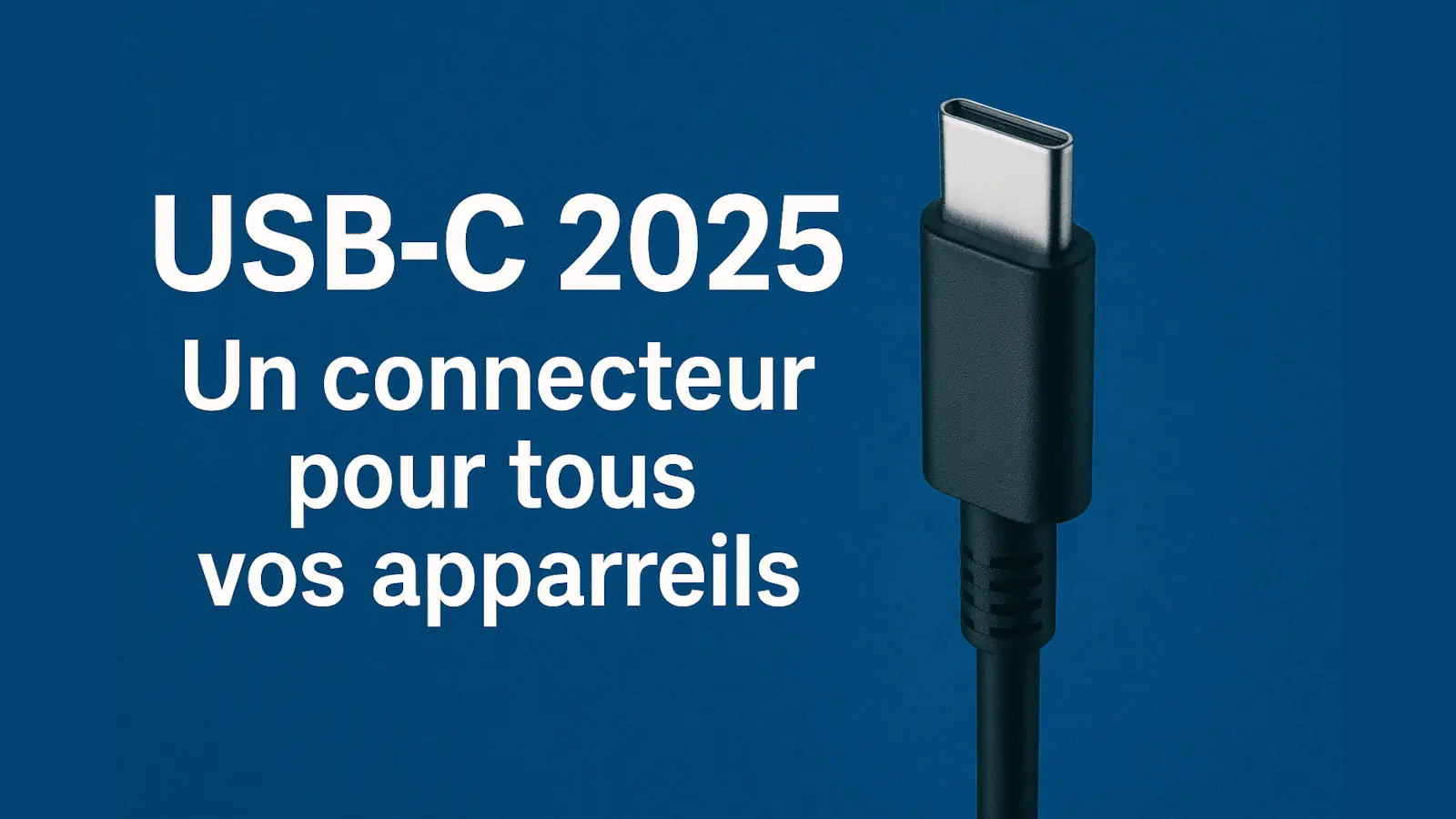 Câble USB-C noir sur fond bleu avec le texte "USB-C 2025 – Un connecteur pour tous vos appareils