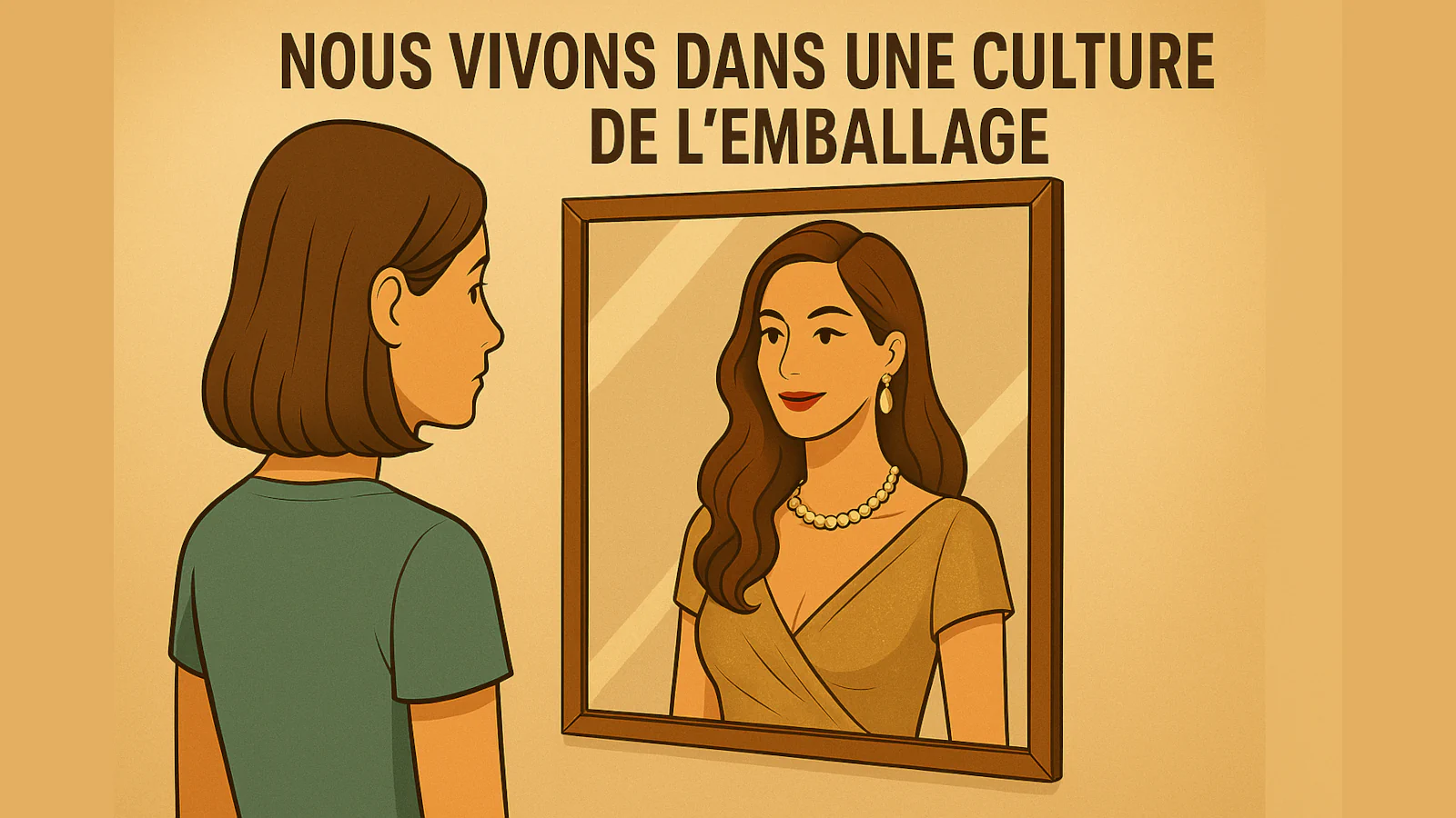 Jeune femme debout devant un miroir voyant une version d’elle-même plus glamour et idéale, avec le texte « Nous vivons dans une culture de l’emballage » au-dessus – illustration sur les réseaux sociaux et l’image de soi.