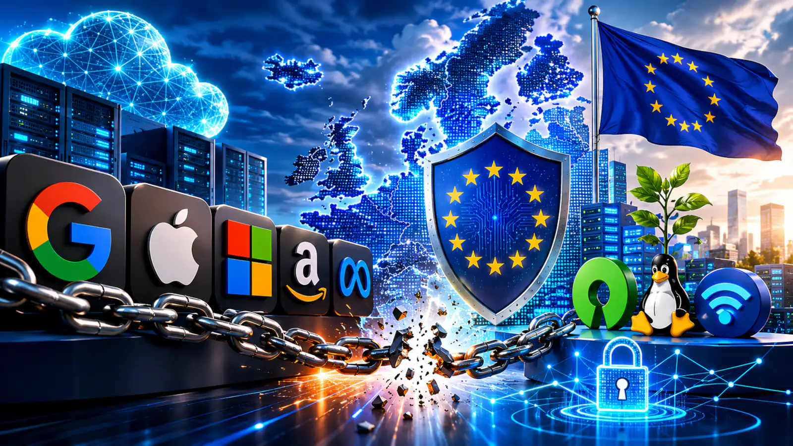 Souveraineté numérique européenne représentée par une carte de l’Europe, une infrastructure cloud, la protection des données et une moindre dépendance aux grandes entreprises technologiques.